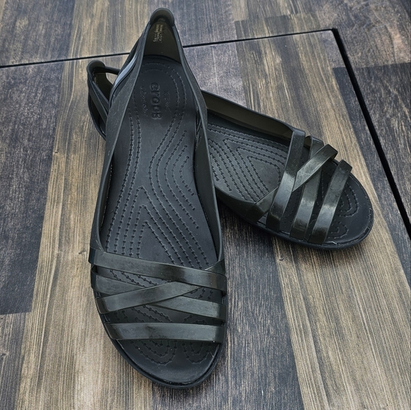 CROCS Shoes - Crocs Isabella Huarache 2 Flat Black Slip On Flat Heel Sandals size 9w